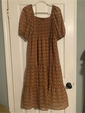 O.P.T Brown/Orange Rust Smocked Midi Dress with pockets
